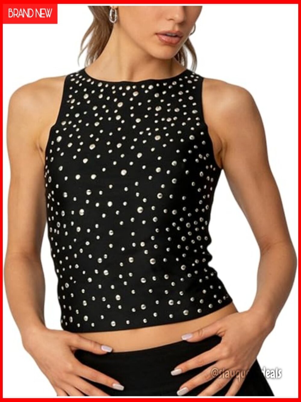 Studded Crop Tank Top Silver Rivets Sleeveless Fitted Streetwear